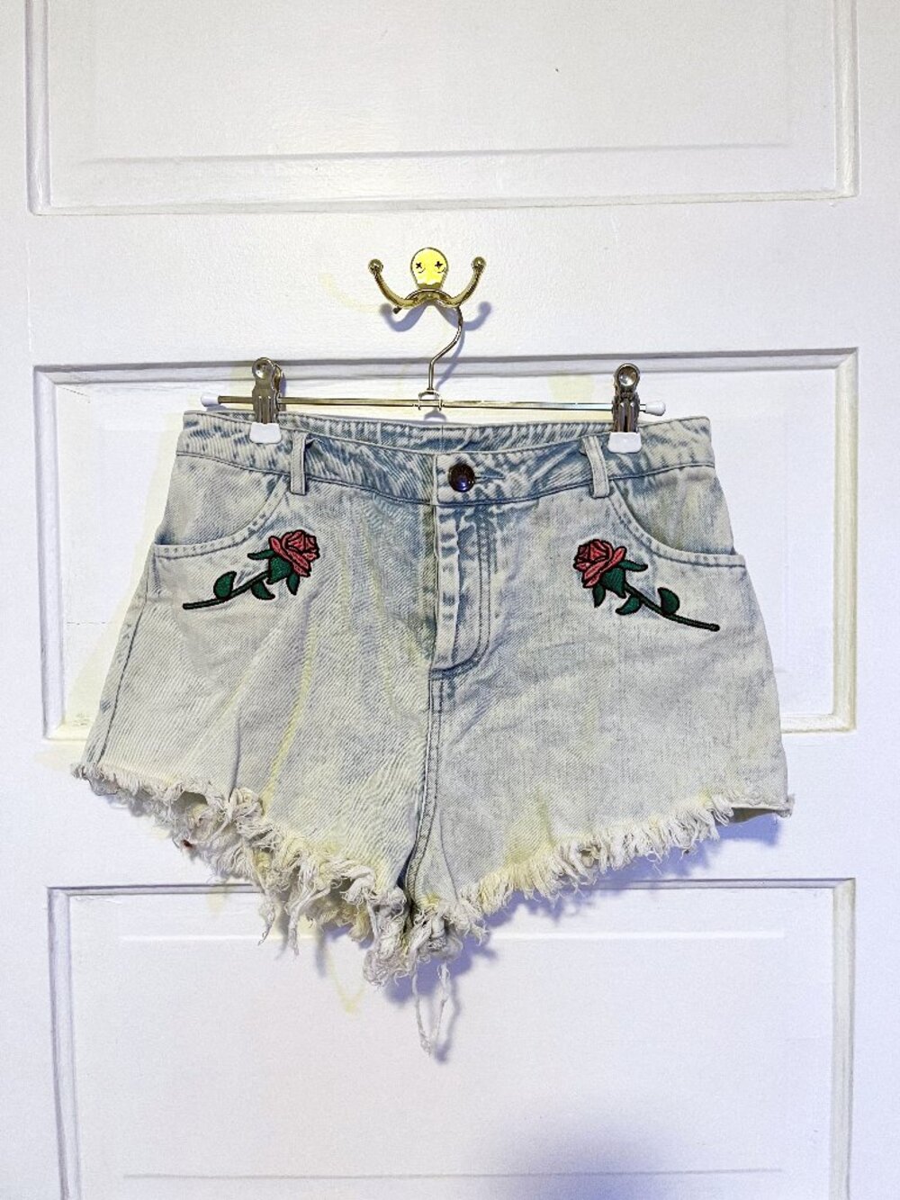 Lazy Oaf Rose Embroidered Cutoff Denim Shorts M